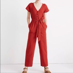 Madewell linen-cotton pleat-sleeve jumpsuit in “Dark Cinnabar”
